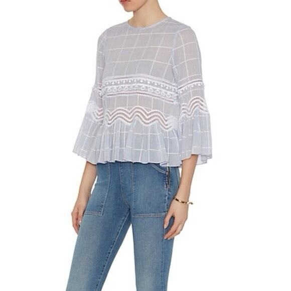 Jonathan Simkhai Blue Voile Grid Cotton Blouse XS Lace Ruffle Hem Top Keyhole - Picture 2 of 11